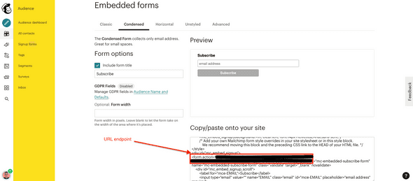 mailchimp embedded forms URL endpoint